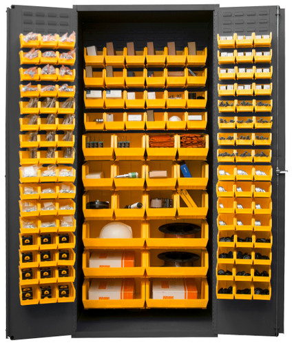 Heavy Duty Cabinet, 14 Gauge, 36 x 24 x 84, 138 Yellow Bins, Flush Doors w/ Louvered Panel, Lockable, Chrome Handle w/ Keys, Gray