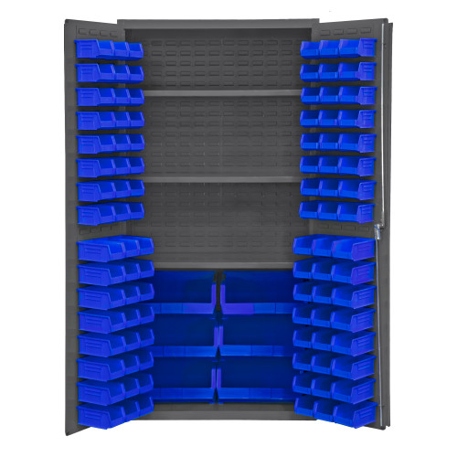 Heavy Duty Cabinet, 14 Gauge, 36 x 24 x 72, 3 Adj Shelves, 102 Blue Bins, Flush Doors w/ Louvered Panel, Lockable, Chrome Handle w/ Keys, Gray