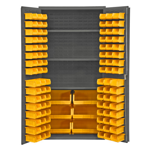 Heavy Duty Cabinet, 14 Gauge, 36 x 24 x 72, 3 Adj Shelves, 102 Yellow Bins, Flush Doors w/ Louvered Panel, Lockable, Chrome Handle w/ Keys, Gray