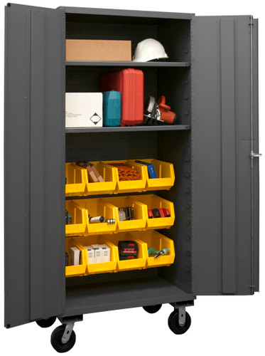 Mobile Cabinet, 14 Gauge, 36 x 24 x 81, 2 Adjustable Shelves, 12 Yellow Bins, Flush Doors, 6 x 2 Phenolic Casters - 2 rigid, 2 swivel, Lockable, Chrome Handle with Keys, Gray