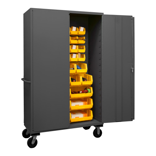 Mobile Cabinet, 14 Gauge, 48 x 24 x 81, 42 Yellow Bins, Flush Doors, 6 x 2 Phenolic Casters - 2 rigid, 2 swivel, Lockable, Chrome Handle with Keys, Gray