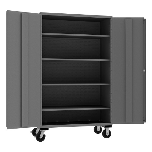 Mobile Cabinet, 14 Gauge, 48 x 24 x 81, 4 Adj Shelves, Flush Doors, 6 x 2 Phenolic Casters - 2 rigid, 2 swivel, Lockable, Chrome Handle w/ Keys, Gray