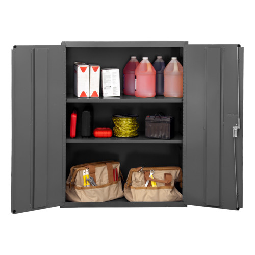 Heavy Duty Cabinet, 14 Gauge, 36 x 18 x 48, 2 Adj Shelves, Flush Doors, Lockable, Chrome Handle w/ Keys, Gray