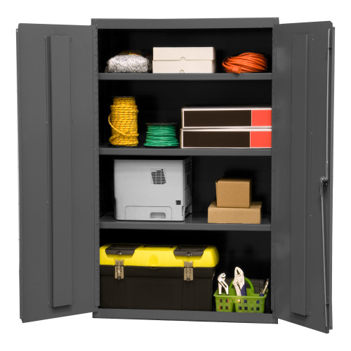 Heavy Duty Cabinet, 14 Gauge, 36 x 18 x 60, 3 Adj Shelves, Flush Doors, Lockable, Chrome Handle w/ Keys, Gray