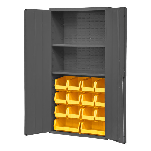 Heavy Duty Cabinet, 14 Gauge, 36 x 18 x 72, 2 Adj Shelves, 14 Yellow Bins, Flush Doors, Lockable, Chrome Handle w/ Keys, Gray