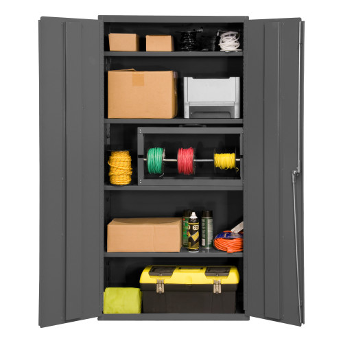 Heavy Duty Cabinet, 14 Gauge, 36 x 18 x 84, 4 Adj Shelves, Flush Doors, Lockable, Chrome Handle w/ Keys, Gray