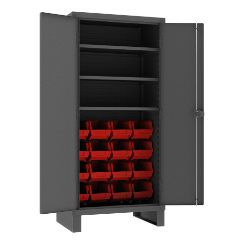 Heavy Duty Cabinet, 14 Gauge, 36 x 24 x 78, 3 Adjustable Shelves, 16 Red Bins, Recessed Doors, Cast Iron Pad-lockable Handle, Gray