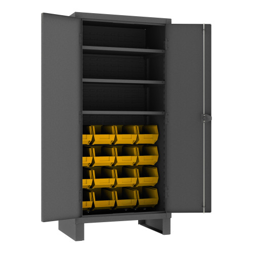 Heavy Duty Cabinet, 14 Gauge, 36 x 24 x 78, 3 Adjustable Shelves, 16 Yellow Bins, Recessed Doors, Cast Iron Pad-lockable Handle, Gray