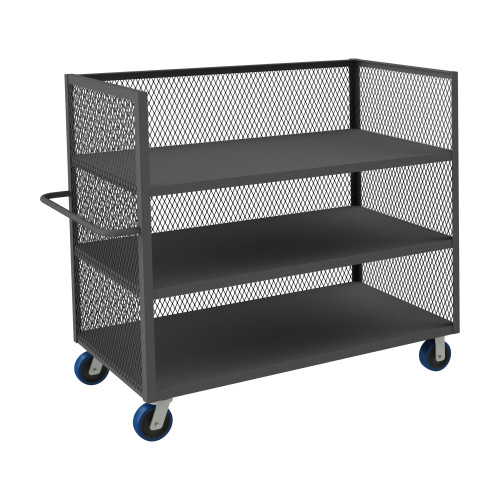 3 Sided Mesh Truck With 6" x 2" Polyurethane Casters, (2) Rigid, 3 Shelves, Tubular Push Handle