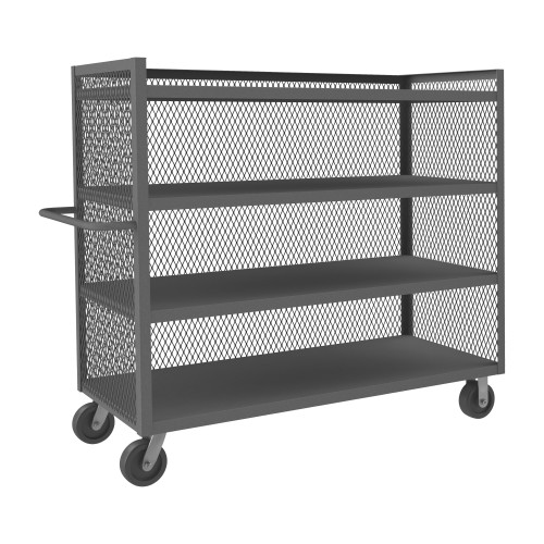 3 Sided Mesh Truck With 6" x 2" Phenolic Casters, (2) Rigid, 4 Shelves, Tubular Push Handle