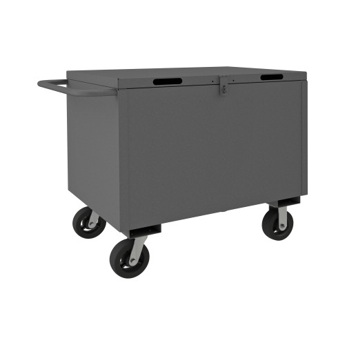 4 Sided Solid Box Truck w/ 6" x 2" Mold-On-Rubber Casters, (2) Rigid, (2) Swivel, Pad-Lockable, Hinged Cover, Tubular Push Handle, Gray