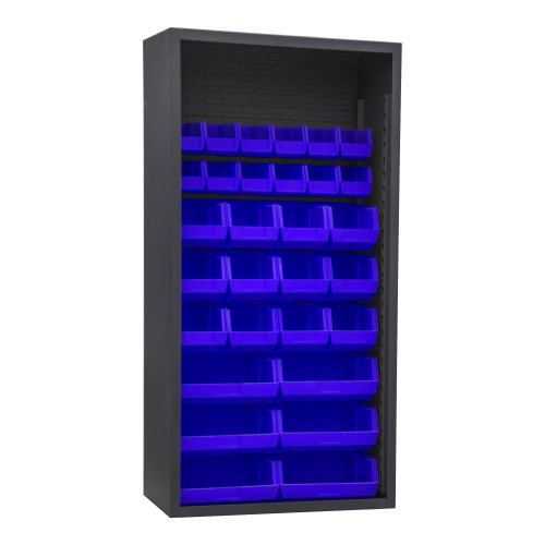 Enclosed Shelving, 12 Gauge, 36 x 18 x 72, 30 Blue Bins, Gray