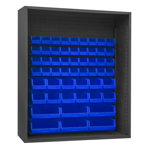 Enclosed Shelving, 12 Gauge, 60 x 24 x 72, 54 Blue Bins, Gray
