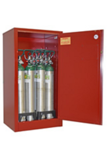 Oxygen Storage Cabinet, Manual Close, Holds 2-4 EMPTY (D or E) Cylinders, 46" x 14" x 13.625", Fire-Lined, Red