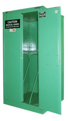 Oxygen Storage Cabinet, Manual Close, Holds 9-12 FULL (H) Cylinders, 65" x 43" x 34", Fire-Lined, Green