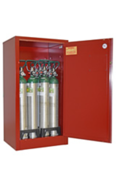 Oxygen Storage Cabinet, Manual Close, Holds 9-12 EMPTY (H) Cylinders, 65" x 43" x 34", Fire-Lined, Red