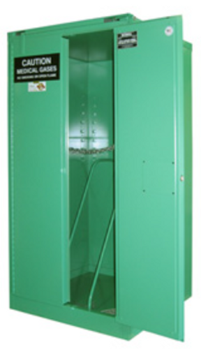 Oxygen Storage Cabinet, Manual Close, Holds 9-12 FULL (H) Cylinders, 67" x 43" x 34", Fire-Lined, Green