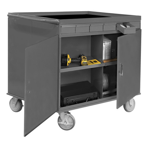 34 Wide, 18 Gauge, Lockable, 2 Sided Cart, With 12 Open Bins, 12 Drawers, All Lips Up, Gray