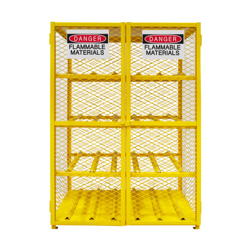 Gas Cylinder Cabinet, Single Door, Angle Iron, Expanded Metal, For Horizontal Storage Of 20, 33 Lb. Lpg Cylinders, 12 Cylinder Capacity, Safety Yellow Gas Cylinder Cabinet, Single Door, Angle Iron, Expanded Metal, For Horizontal Storage Of 20, 33 Lb. Lpg Cylinders, 12 Cylinder Capacity, Safety Yellow