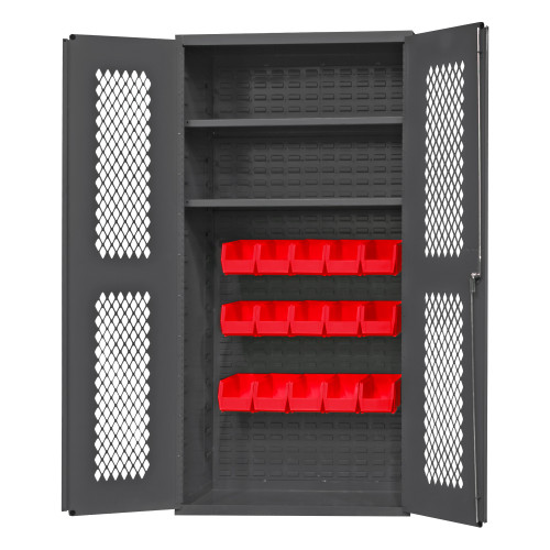 Heavy Duty Cabinet, 14 Gauge, 36 x 18 x 72, 2 Adjustable Shelves, 15 Red Bins, Flush Ventilated Doors, Lockable, Chrome Handle With Keys, Gray