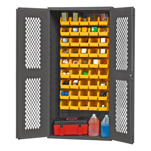 Heavy Duty Cabinet, 14 Gauge, 36 x 18 x 72, 45 Yellow Bins, Flush Ventilated Doors, Lockable, Chrome Handle with Keys, Gray