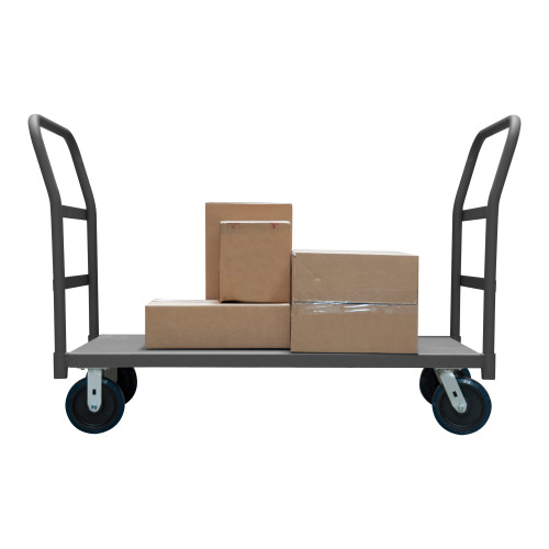 Platform Truck, 2 Removable Handles, 12 Gauge, 3600 lbs Capacity, 30 x 48, Flush Deck, 8 x 2 Polyurethane - Non-Marking Casters - (2) Rigid, (2) Swive