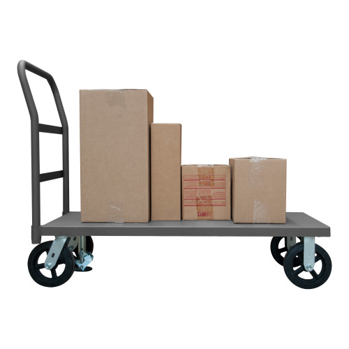 Platform Truck, 12 Gauge, 2400 lbs Capacity, Floor lock, 30 x 60, Flush Deck, 8 x 2 Mold-On Rubber Casters - (2) Rigid, (2) Swivel, Gray