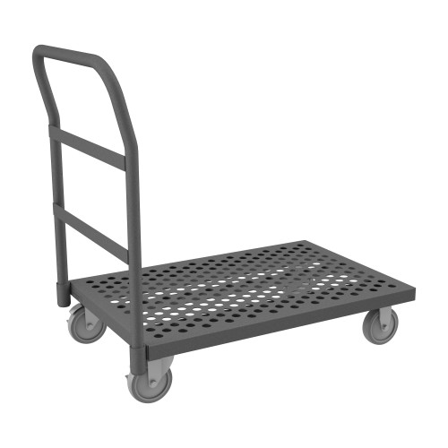 Platform Truck, 12 Gauge, 1400 lbs Capacity, 24 x 36, Perforated Flush Deck, 5 x 1-1/4 Polyurethane - Non-Marking Casters - (2) Rigid, (2) Swivel w/ S