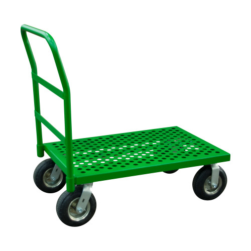 Platform Truck, 12 Gauge, 1000 lbs Capacity, 24 x 48, Perforated Flush Deck, 8 x 2-3/4 Pneumatic Casters - (2) Rigid, (2) Swivel, Green