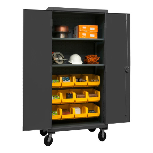 Mobile Cabinet, 12 Gauge, 36 x 24 x 81, 2 Adjustable Shelves, 12 Yellow Bins, Recessed Doors, 6 x 2 Phenolic Casters - 2 rigid, 2 swivel, Cast Iron Pad-lockable Handle, Gray