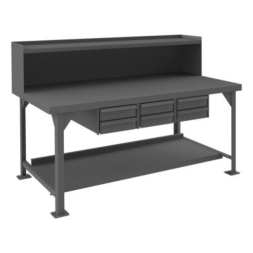 Extra Heavy Duty Workbench, 72 x 36, 3/16" Steel Top w/ Angle Iron Frame, Bottom Shelf w/ Back Stop, 6 Drawers, 12000 lb Capacity, Gray