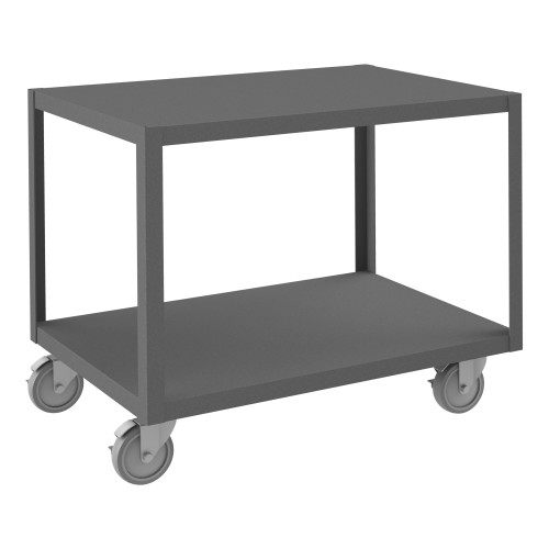 High Deck Mobile Table, 12 Ga. Steel, 2 Shelves, 24 x 36, 1200 lb Capacity, 5" x 1-1/4" Polyurethane Casters - (4) Swivel w/ Side Brakes, Gray High Deck Mobile Table, 12 Ga. Steel, 2 Shelves, 24 x 36, 1200 lb Capacity, 5" x 1-1/4" Polyurethane Casters - (4) Swivel w/ Side Brakes, Gray