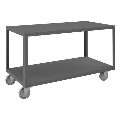 High Deck Mobile Table, 12 Ga. Steel, 2 Shelves, 24 x 48, 1200 lb Capacity, 5" x 1-1/4" Polyurethane Casters - (4) Swivel w/ Side Brakes, Gray