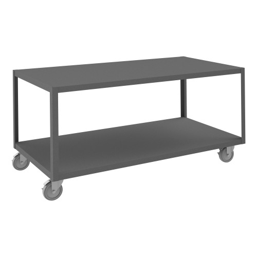 High Deck Mobile Table, 12 Gauge Steel, 2 Shelves, 30 x 60, 1200 lb Capacity, 5" x 1-1/4" Polyurethane Casters - (4) Swivel With Side Brakes, Gray