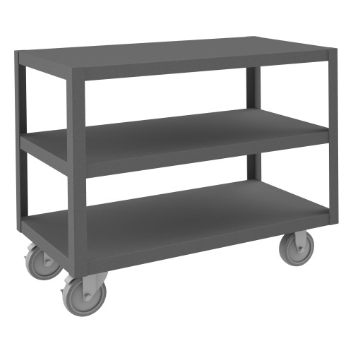High Deck Mobile Table, 14 Ga. Steel, 3 Shelves, 18 x 36, 1200 lb Capacity, 5" x 1-1/4" Polyurethane Casters - (2) Rigid, (2) Swivel w/ Side Brakes, G