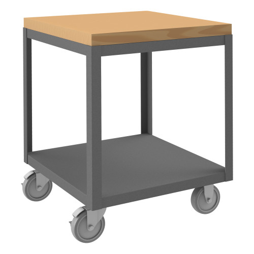 High Deck Mobile Table, 14 Ga. Steel, 2 Shelves, 24 x 24, 1200 lb Capacity, Maple Top, 5" x 1-1/4" Polyurethane Casters - (2) Rigid, (2) Swivel w/ Sid High Deck Mobile Table, 14 Ga. Steel, 2 Shelves, 24 x 24, 1200 lb Capacity, Maple Top, 5" x 1-1/4" Polyurethane Casters - (2) Rigid, (2) Swivel w/ Sid