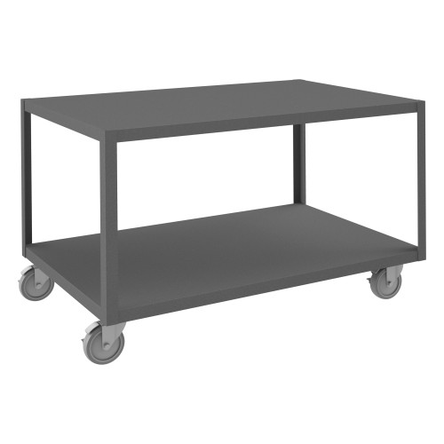 High Deck Mobile Table, 14 Ga. Steel, 2 Shelves, 30 x 48, 1200 lb Capacity, 5" x 1-1/4" Polyurethane Casters - (4) Swivel w/ Side Brakes, Gray