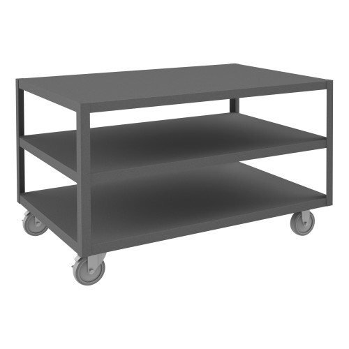 High Deck Mobile Table, 14 Ga. Steel, 3 Shelves, 30 x 48, 1200 lb Capacity, 5" x 1-1/4" Polyurethane Casters - (2) Rigid, (2) Swivel w/ Side Brakes, G