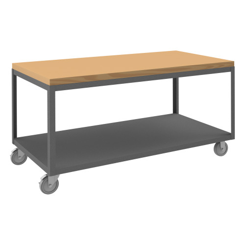High Deck Mobile Table, 14 Ga. Steel, 2 Shelves, 30 x 60, 1200 lb Capacity, Maple Top, 5" x 1-1/4" Polyurethane Casters - (2) Rigid, (2) Swivel w/ Sid High Deck Mobile Table, 14 Ga. Steel, 2 Shelves, 30 x 60, 1200 lb Capacity, Maple Top, 5" x 1-1/4" Polyurethane Casters - (2) Rigid, (2) Swivel w/ Sid