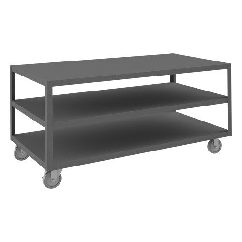 High Deck Mobile Table, 14 Gauge Steel, 3 Shelves, 30 x 60, 1200 lb Capacity, 5" x 1-1/4" Polyurethane Casters - (2) Rigid, (2) Swivel, Side Brakes, Gray