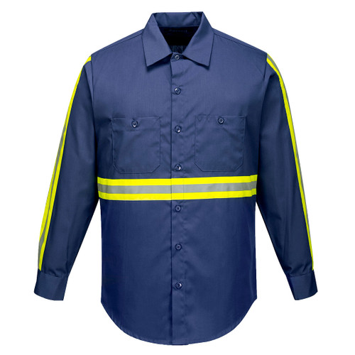 Enhanced Visibility Industrial Long sleeve Work Shirt, Navy, Reflective Safety Tape