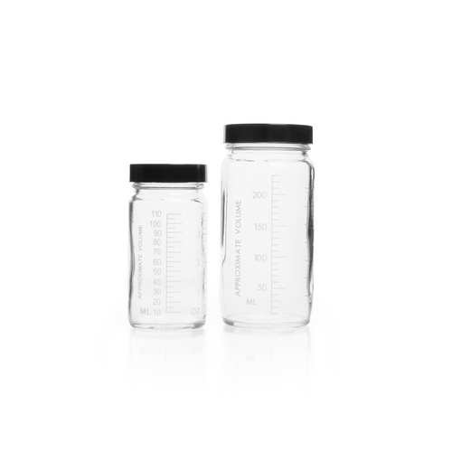 KIMBLE® Clear Glass AC Medium Round Bottles, Convenience Packs (Caps Attached), 125 ml, Pulp / Vinyl, case/24