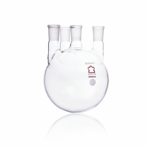 KIMBLE® Kontes® Borosilicate Glass Four Vertical Neck Round Bottom, Flask, 45/50, 29/42, 3000 ml