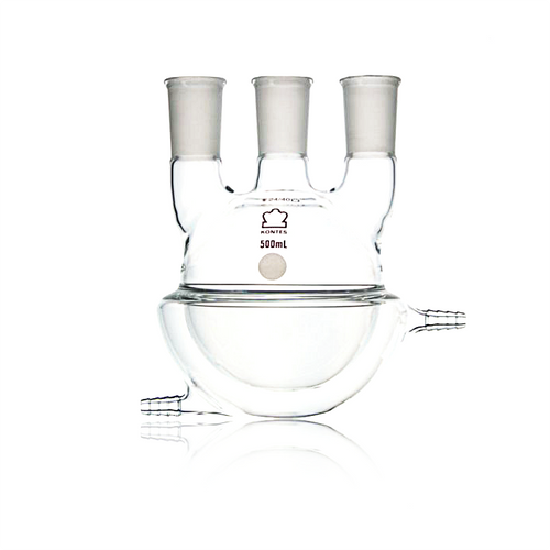 KIMBLE® Kontes® Borosilicate Glass Jacketed Three Vertical Neck Round Bottom, Flask, 500 ml