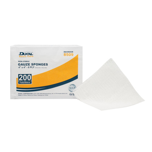 Dukal Basic Gauze Sponges, Gauze Sponge, 4" x 4", Nonsterile, 8-Ply, 200 per bag, 20 bags per case