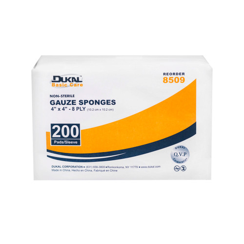 Dukal Basic Gauze Sponges, Gauze Sponge, 4" x 4", Nonsterile, 8-Ply, 200 per bag, 20 bags per case