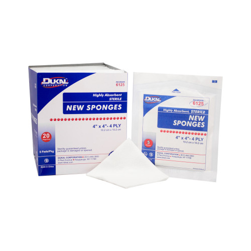 Dukal New Sponges, 4" x 4", Non-Woven New Sponge, Sterile, 4-ply, 5 per pack, 20 pk per box, 8 boxes per case