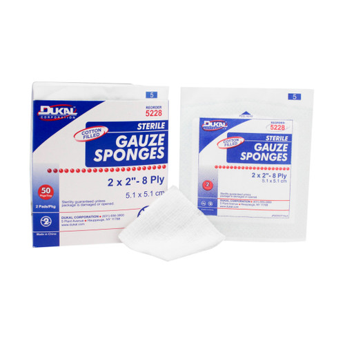 Dukal Woven Cotton Gauze Sponge, 2" x 2", Sterile, 8-Ply, Cotton Filled, 2 per pack, 50 pk per box, 24 boxes per case