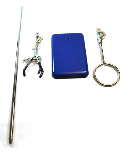 4 Piece Set: Rectangular Retort Stand, Rod, Clamp & Ring Set, 8"x5" Steel Base, 23.6" SS Rod, 3" Steel Support Rings, 3-Pronged Coated Clamp