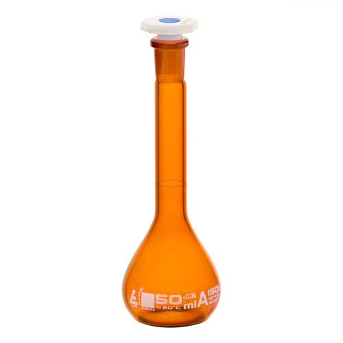 Volumetric Flask, 50 ml, Class A Tolerance +/-06 ml, 12/21 PP Stopper, Single Graduation Mark, Amber Color Borosilicate Glass